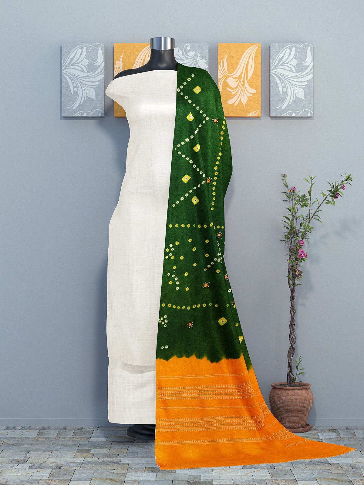 Jetpur Bandhani Woolen Green Shawl (1)