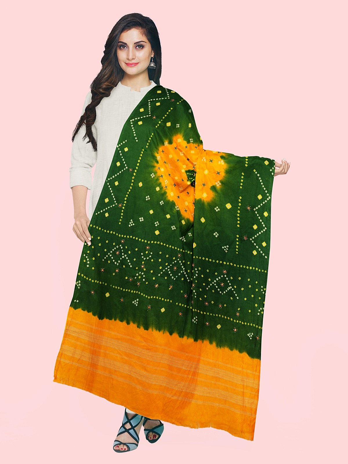 Jetpur Bandhani Woolen Green Shawl (28)