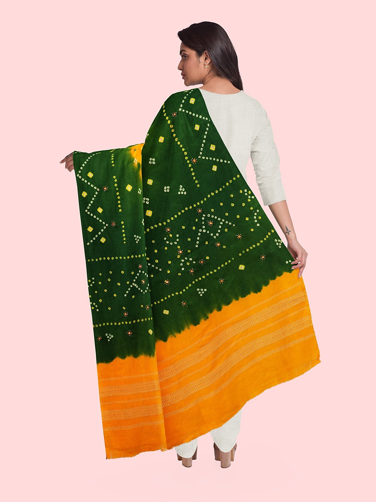 Jetpur Bandhani Woolen Green Shawl (38)