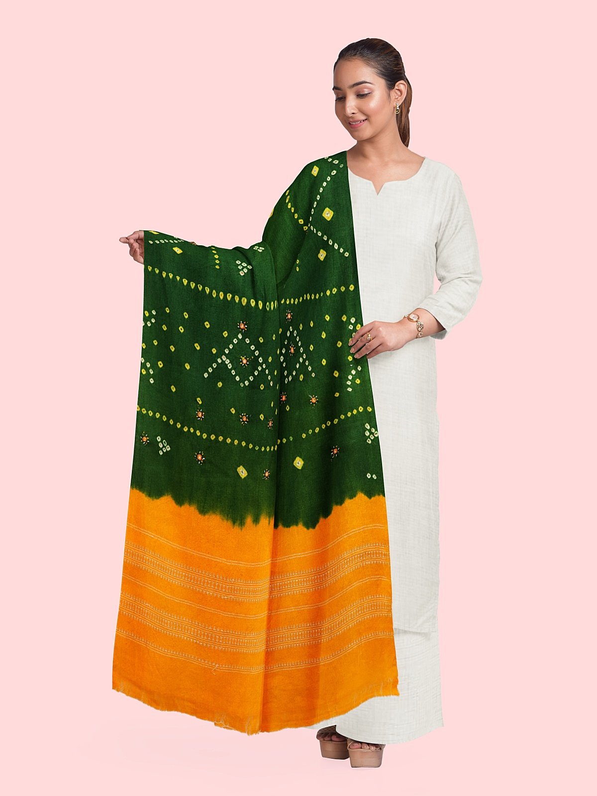 Jetpur Bandhani Woolen Green Shawl (43)