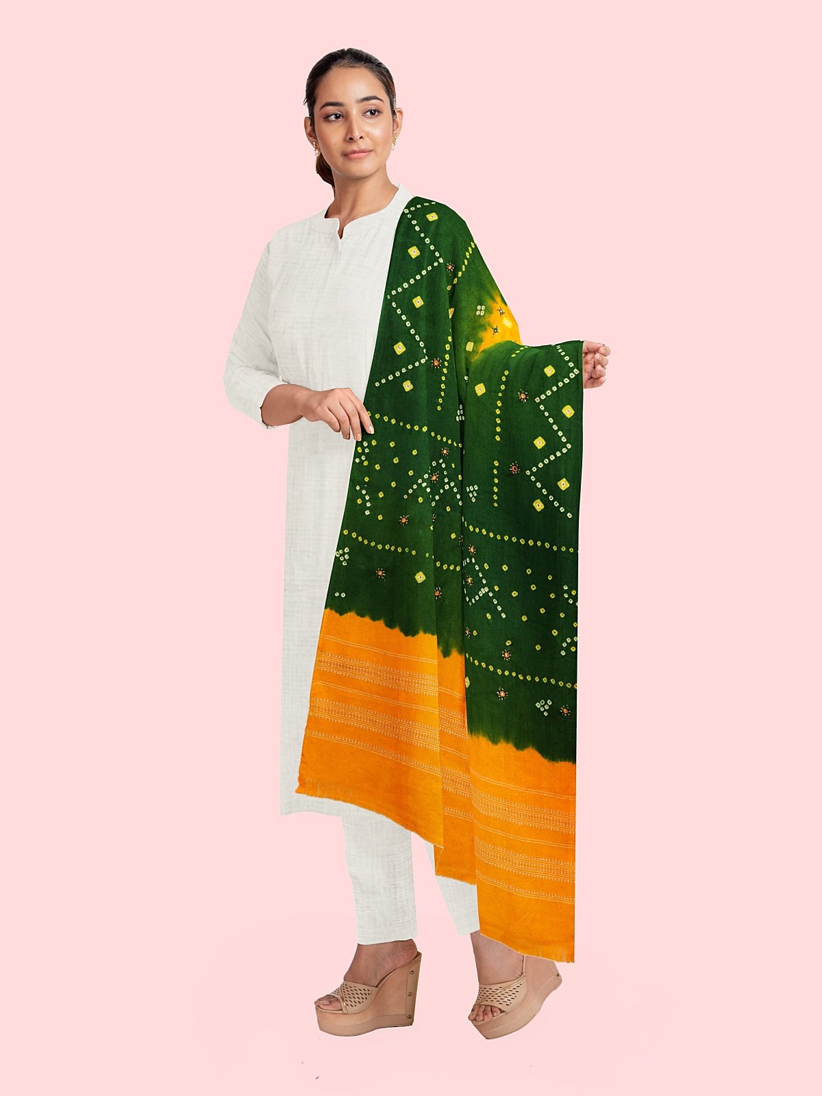 Jetpur Bandhani Woolen Green Shawl (45)