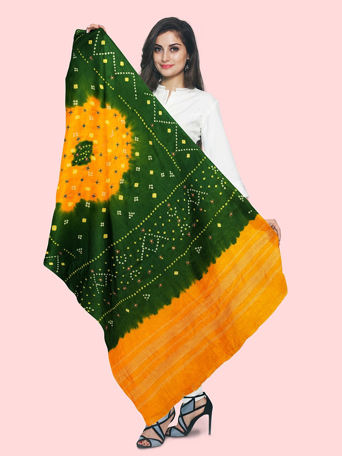Jetpur Bandhani Woolen Green Shawl (52)