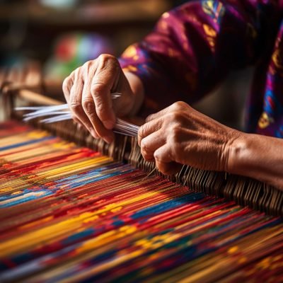 someone-is-weaving-colorful-cloth-loom-with-pair-scissors someone-is-weaving-colorful-cloth-loom-with-pair-scissors